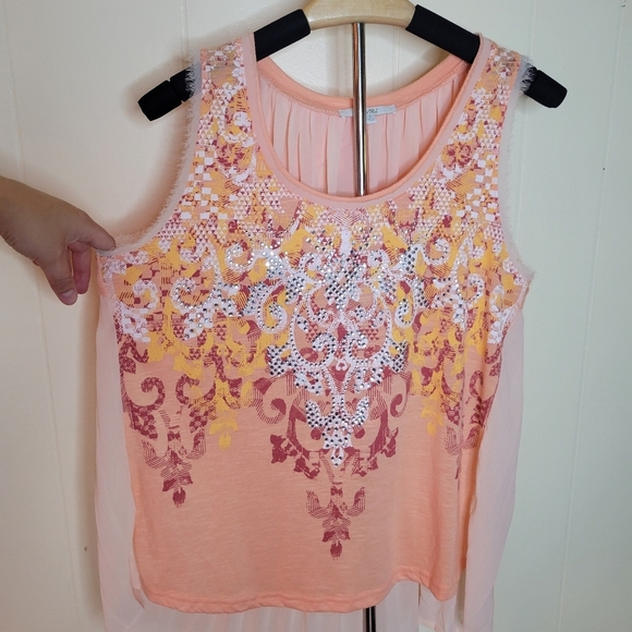 Miss Me Peach Embellished Mixed Fabric Tank Top - Picture 2 of 6